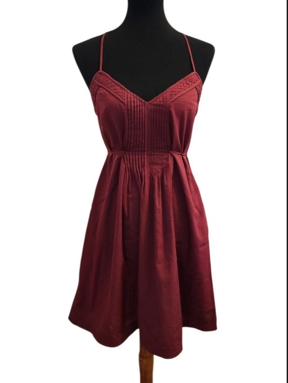 Ecote Burgundy Spaghetti Strap Braided Trim Pintuck Mini Silky Boho Sun Dress S